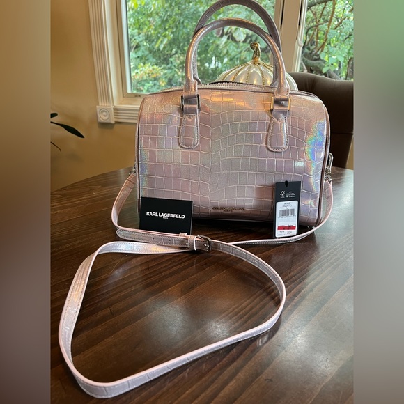 Karl Lagerfeld Light Pink Holographic Croc-Embossed Crossbody Purse - Picture 1 of 9